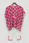 Shop_Fayon Kids_Pink , Satin Tassels Floral Print Kaftan And Pant Set _at_Aza_Fashions