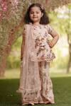 Buy_Fayon Kids_Peach Cotton, Net Lace, Sequins Floral Print Kurta Sharara Set _at_Aza_Fashions
