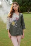 Shop_Nika 1.0_Grey 100% Cotton Embroidered Floral Motifs Flap Ompsli Colorblock Top  _at_Aza_Fashions