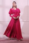 Buy_ISHA GUPTA TAYAL_Pink Georgette And Organza Cutdana, Dabka, Zardozi V Ruched Yoke Draped Jumpsuit _at_Aza_Fashions
