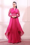 Buy_Isha Gupta Tayal_Pink Crepe Embroidered Cutdana High Neck Layered Anarkali _at_Aza_Fashions