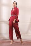 Buy_Isha Gupta Tayal_Red Crepe Lycra Plain Mandarin Collar Peplum Top And Pant Set _at_Aza_Fashions