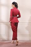 Shop_Isha Gupta Tayal_Red Crepe Lycra Plain Mandarin Collar Peplum Top And Pant Set _at_Aza_Fashions