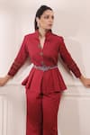 Isha Gupta Tayal_Red Crepe Lycra Plain Mandarin Collar Peplum Top And Pant Set _Online_at_Aza_Fashions