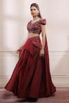 Isha Gupta Tayal_Red Raw Silk Embroidered Cutdana V Neck Draped Winged Blouse And Lehenga Set _Online_at_Aza_Fashions