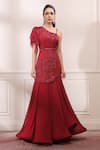 Buy_Isha Gupta Tayal_Red Crepe Lycra Embroidered Cutdana Cross V-neck Floral Gown _at_Aza_Fashions