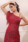 Isha Gupta Tayal_Red Crepe Lycra Embroidered Cutdana Cross V-neck Floral Gown _Online_at_Aza_Fashions