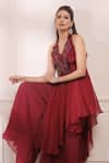 Isha Gupta Tayal_Red Silk Embroidered Cutdana Notched Lapel Asymmetric Kurta And Sharara Set _Online_at_Aza_Fashions