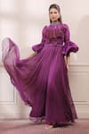 Buy_Isha Gupta Tayal_Purple Organza, Georgette Cutdana, Dabka, Flared Jumpsuit With Draped Choker _at_Aza_Fashions