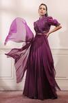 Buy_ISHA GUPTA TAYAL_Purple Silk, Organza Cutdana, Dabka, Zardozi V Neck Draped Kurta And Sharara Set _at_Aza_Fashions