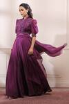 ISHA GUPTA TAYAL_Purple Silk, Organza Cutdana, Dabka, Zardozi V Neck Draped Kurta And Sharara Set _Online_at_Aza_Fashions