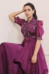 Buy_ISHA GUPTA TAYAL_Purple Silk, Organza Cutdana, Dabka, Zardozi V Neck Draped Kurta And Sharara Set _Online_at_Aza_Fashions