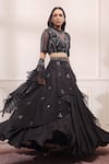 Buy_Isha Gupta Tayal_Black Silk Embroidered Cutdana High Neck Layered Lehenga Set With Ruffle Dupatta _at_Aza_Fashions