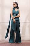 Buy_Isha Gupta Tayal_Green Pure Satin Embroidered Cutdana V Draped Peplum And Bell Bottom Pant Set _at_Aza_Fashions