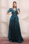Buy_Isha Gupta Tayal_Green Georgette Embroidered Cutdana Kimono Lapel Collar Pleated Sharara And Set _at_Aza_Fashions