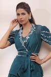 Isha Gupta Tayal_Green Georgette Embroidered Cutdana Kimono Lapel Collar Pleated Sharara And Set _Online_at_Aza_Fashions