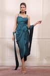 Buy_Isha Gupta Tayal_Green Pure Satin Embroidered Cutdana Sweetheart Neck Draped Dress With Stole _at_Aza_Fashions