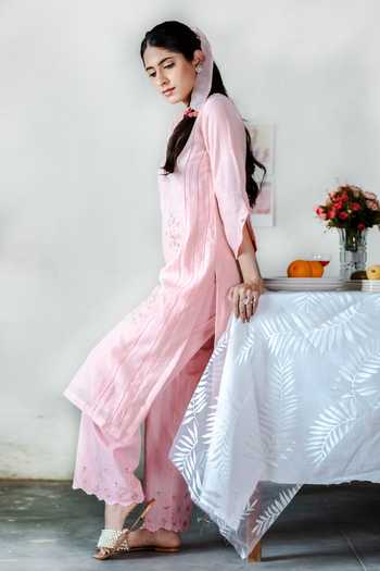 Babyhug Woven Three Fourth Sleeves Chanderi Embroidered Kurti Palazzo Set With Dupatta - Pink main image 0