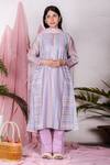 Buy_Beige_Blue Cotton, Chanderi Bead Work, Striped, Block Printed V Neck Kurta Set_at_Aza_Fashions