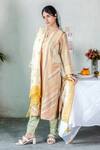 Buy_Beige_Yellow Cotton, Chanderi Bead Work, Striped, Block Printed V Neck Kurta Set_at_Aza_Fashions