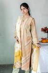 Beige_Yellow Cotton, Chanderi Bead Work, Striped, Block Printed V Neck Kurta Set_Online_at_Aza_Fashions