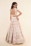 Shop_Rashi Jain_Beige Chanderi Embroidered Floral Motifs Leaf Neck Lehenga Set _at_Aza_Fashions