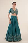 Shop_Rashi Jain_Green Chanderi Embroidered Floral Motifs V Neck Lehenga Set _Online_at_Aza_Fashions