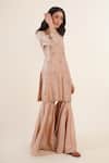 Shop_Rashi Jain_Beige Organza, Chanderi Floral Motifs Leaf Neck Kurta Sharara Set _at_Aza_Fashions