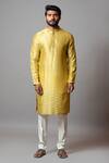 PAARSH_Yellow Bam Silk, Malai Cotton Kantha Elkhorn Full Sleeve Kurta Set _Online_at_Aza_Fashions