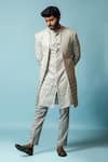 Paarsh_White Linen Satin Embroidered Leaf Spectrum Achkan Set _Online_at_Aza_Fashions