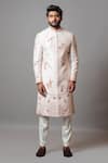 Paarsh_Pink Raw Silk Embroidered French Knots Vann Sherwani Set _Online_at_Aza_Fashions