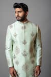 Buy_Paarsh_Green Raw Silk Embroidered Floral Rajasva Sherwani Set _Online_at_Aza_Fashions