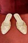 Tiesta_Gold Embroidery, Crystals Chandelier Embellished Mule Block Heels _Online_at_Aza_Fashions