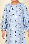 Shop_Pankhuri By Priyanka_Blue Flannel Penguin Print Dress _Online_at_Aza_Fashions