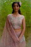 Incheetape_Pink Silk Linen Embroidered Floral Motifs Boat Lehenga Set _Online_at_Aza_Fashions