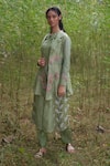 Incheetape_Green Silk Linen Embroidered Floral Motifs Jacket Lapel Collar And Kurta Set_Online_at_Aza_Fashions
