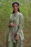 Buy_Incheetape_Green Silk Linen Embroidered Floral Motifs Jacket Lapel Collar And Kurta Set_Online_at_Aza_Fashions