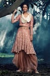 Buy_Incheetape_Peach Silk Linen Embroidered Floral Motifs Collared Neck Top And Lehenga Set _at_Aza_Fashions