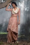 Incheetape_Peach Silk Linen Embroidered Floral Motifs Collared Neck Top And Lehenga Set _Online_at_Aza_Fashions