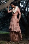 Buy_Incheetape_Peach Silk Linen Embroidered Floral Motifs Collared Neck Top And Lehenga Set _Online_at_Aza_Fashions