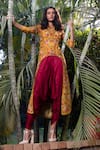 Buy_Incheetape_Yellow Silk Linen Embroidered Floral Motifs Asymmetric Kurta And Dhoti Pant Set _at_Aza_Fashions