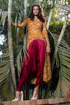 Buy_Incheetape_Yellow Silk Linen Embroidered Floral Motifs Asymmetric Kurta And Dhoti Pant Set _Online_at_Aza_Fashions