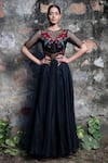 Buy_Incheetape_Black Silk Linen Embroidered Floral Motifs Round Gown _at_Aza_Fashions