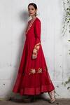 Incheetape_Red Silk Linen Embroidered Floral Motifs Round Anarkali And Pant Set _Online_at_Aza_Fashions