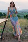 Buy_Nirmooha_Multi Color Georgette V Neck Printed Dress _at_Aza_Fashions