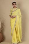 Shop_Blue Lotus Design_Yellow Lining Shantoon Embroidered Thread Work High Neck Hem Saree With Blouse _at_Aza_Fashions