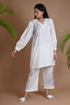 Shop_Chambray & Co._White Silk Embroidered Floral Motifs V Neck Eden Tunic _at_Aza_Fashions