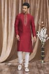 Buy_Samyukta Singhania_Maroon Banarasi Art Silk Embroidered Thread Placket Kurta And Churidar Pant Set _Online_at_Aza_Fashions