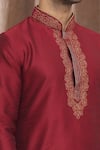 Shop_Samyukta Singhania_Maroon Banarasi Art Silk Embroidered Thread Placket Kurta And Churidar Pant Set _Online_at_Aza_Fashions