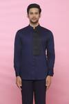 Shop_Aces by Arjun Agarwal_Blue Cotton Plain Mandarin Collar Shirt  _Online_at_Aza_Fashions